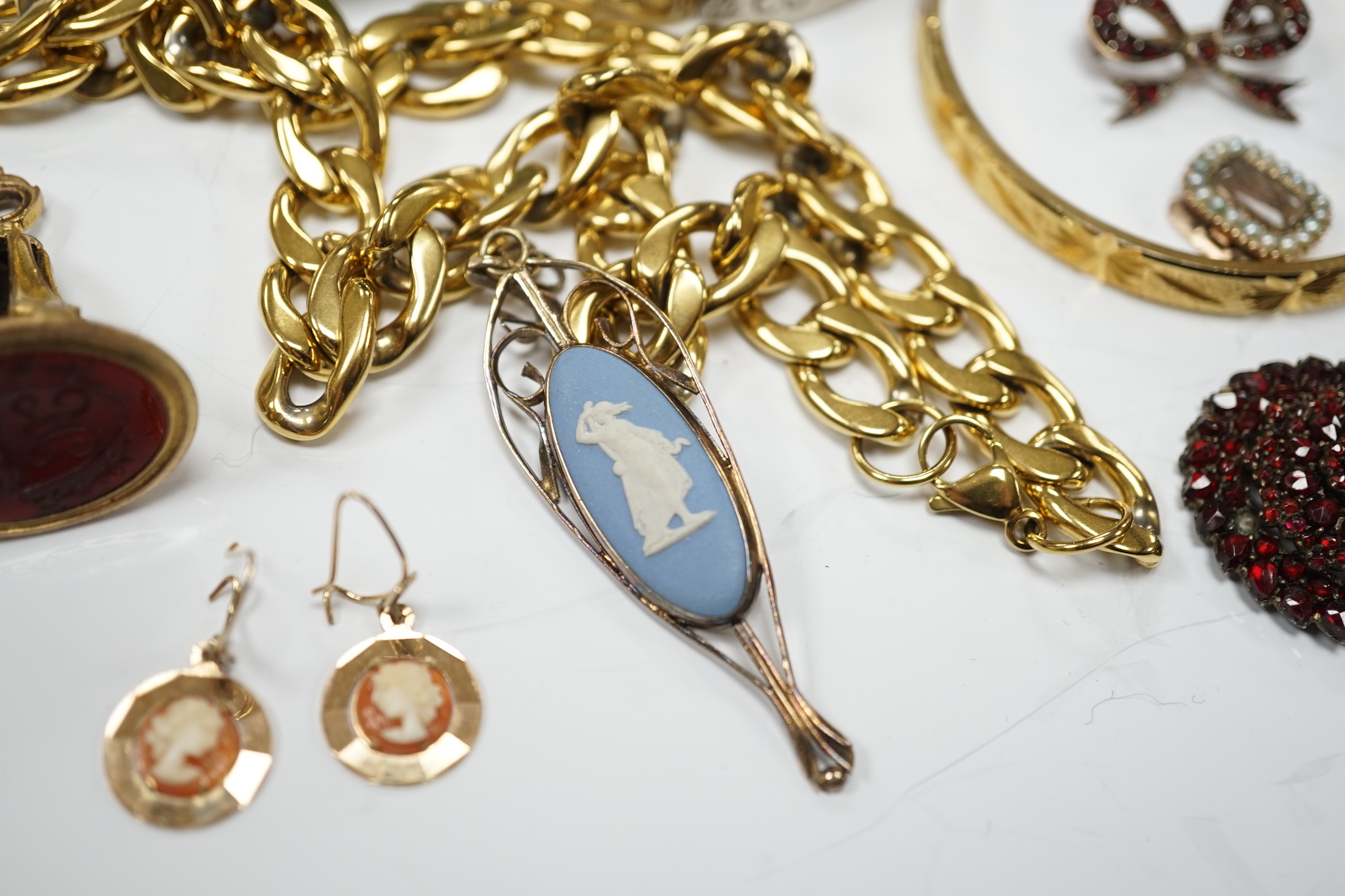 A 19th century yellow metal and seed pearl set mourning clasp, 15mm and other assorted jewellery including costume.